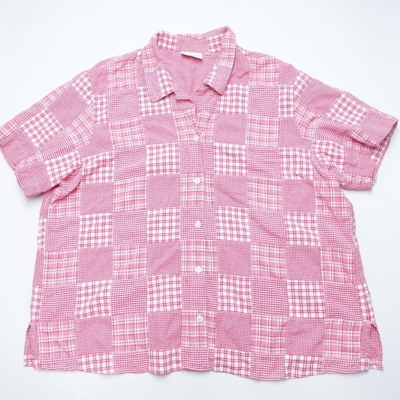Liz Claiborne Women's XL Shirt Pink Plaid Short Sleeve Point Collared Button - Picture 1 of 4